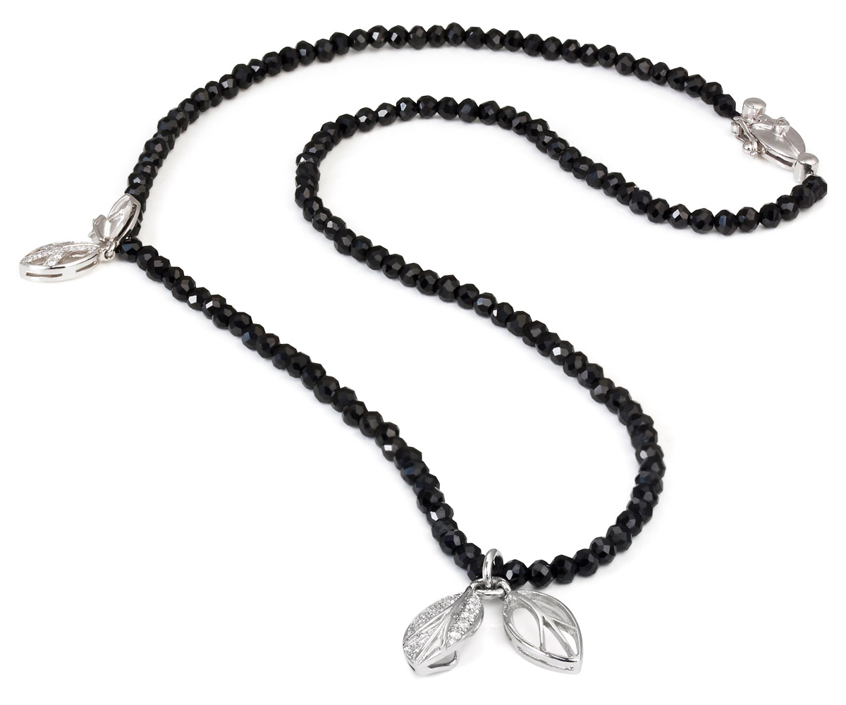 Diamond Leaf Necklace – Diamonds And Black Spinel Beads 18k White Gold