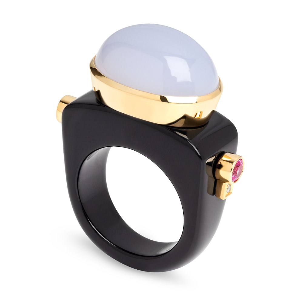Dolce Vita Ring – Blue Chalcedony, Pink Sapphires, Diamonds And Onyx 18k Gold