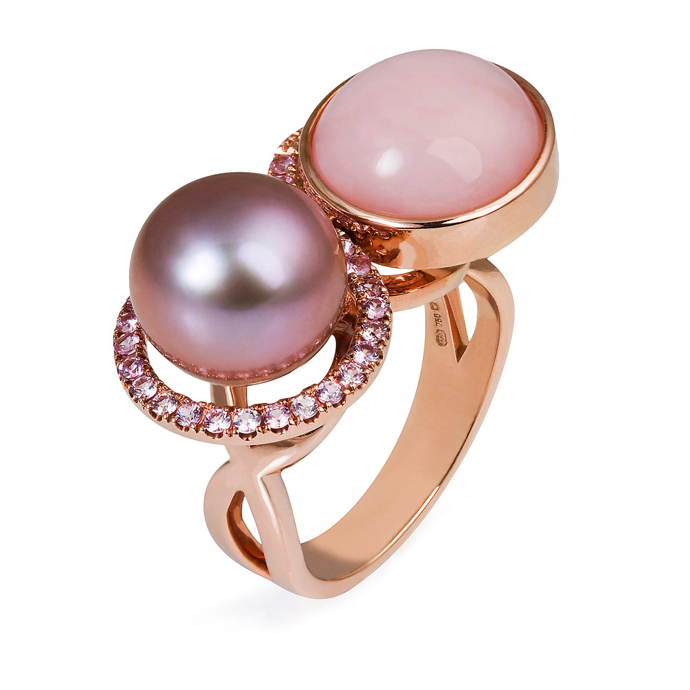 Double Ring – Chocolate Pearl, Pink Opal And Pink Sapphires 18k Rose Gold
