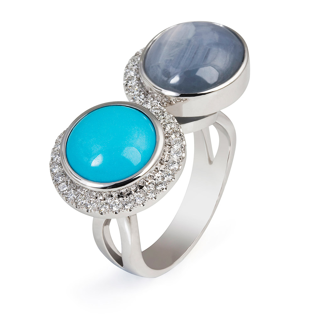 Double Ring – Turquoise, Star Sapphire And Diamonds 18k White Gold