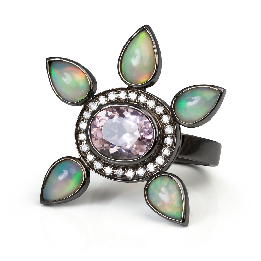 Eastern Star Ring – Pink Tourmaline, Diamonds And Opals 18k Blackened Gold