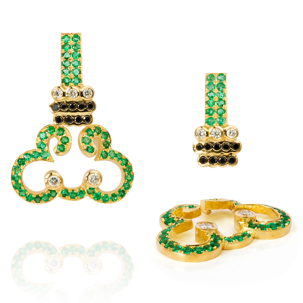 Lace Earrings – Emeralds, Black And White Diamonds 18k Gold