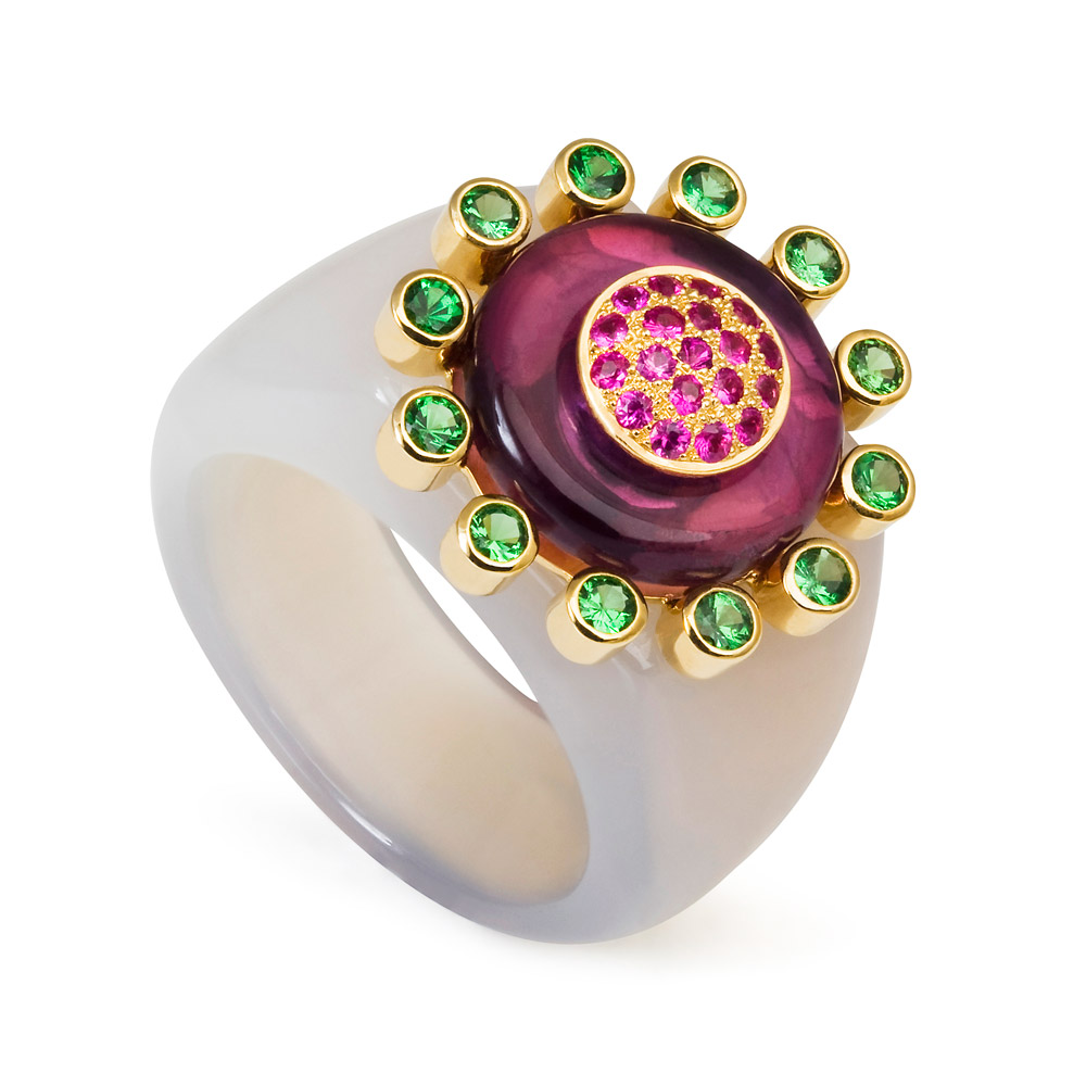 Princess Of The Woods Agate Ring – Tsavorite Garnets, Hot Pink Sapphires And Amethyst 18k Gold