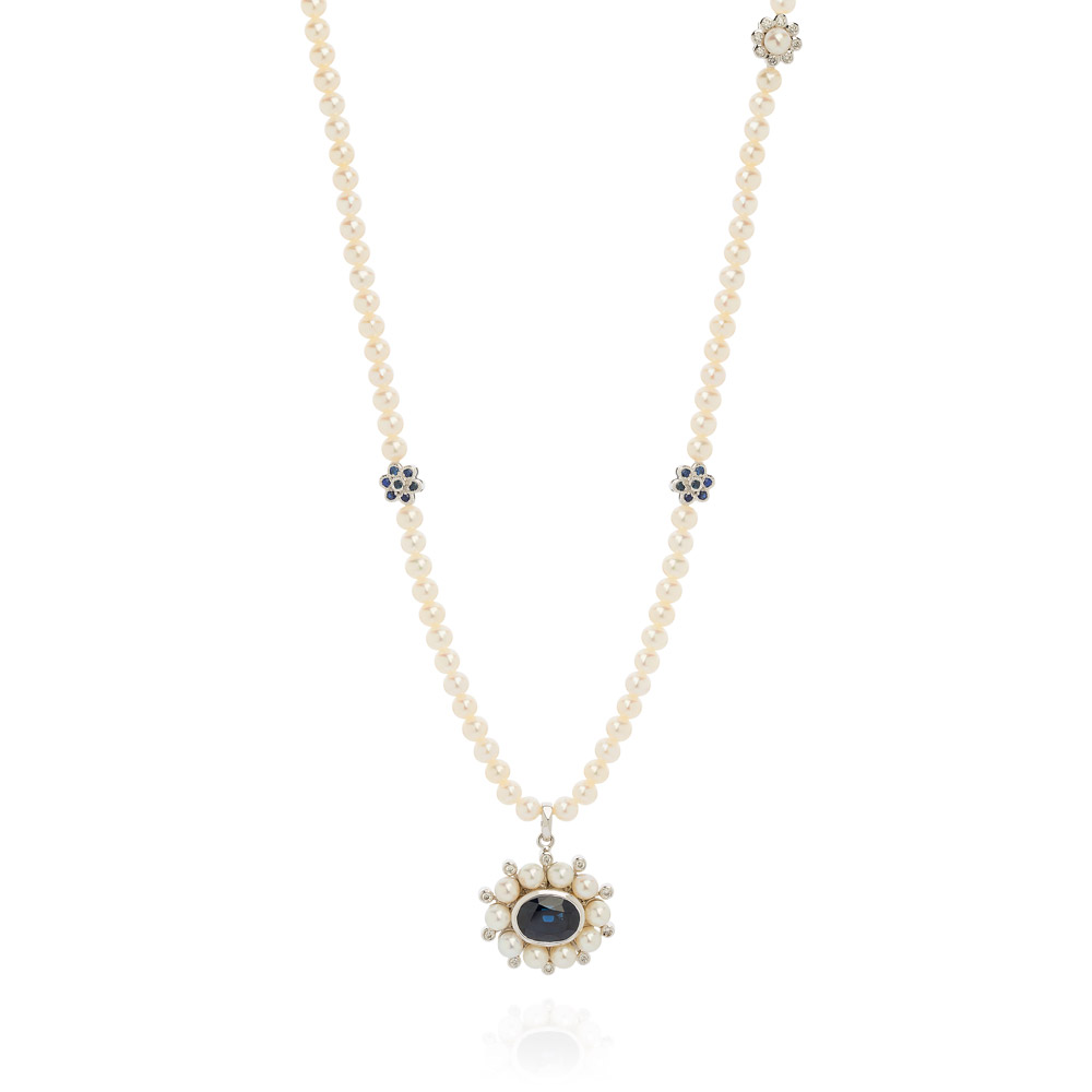 Princess Of The Woods Style Necklace – Blue Sapphires, Diamonds And Baby Pearls 18k White Gold