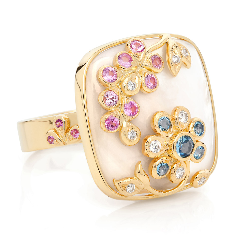 Shimmer Ring – Pink Sapphires, Aquamarines, Diamonds And Mother-of-pearl 18k Gold