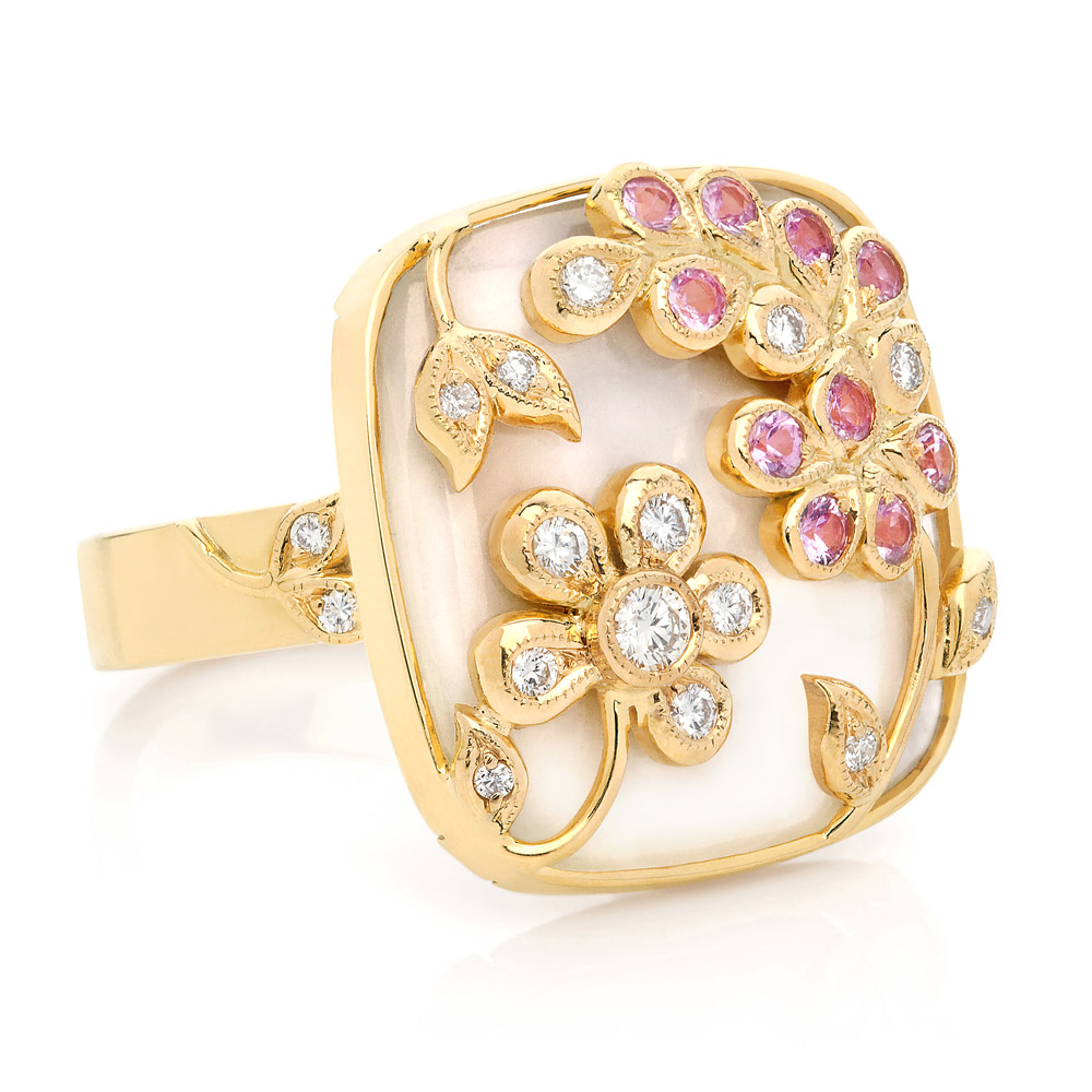 Shimmer Ring – Pink Sapphires, Diamonds And Mother-of-pearl 18k Gold