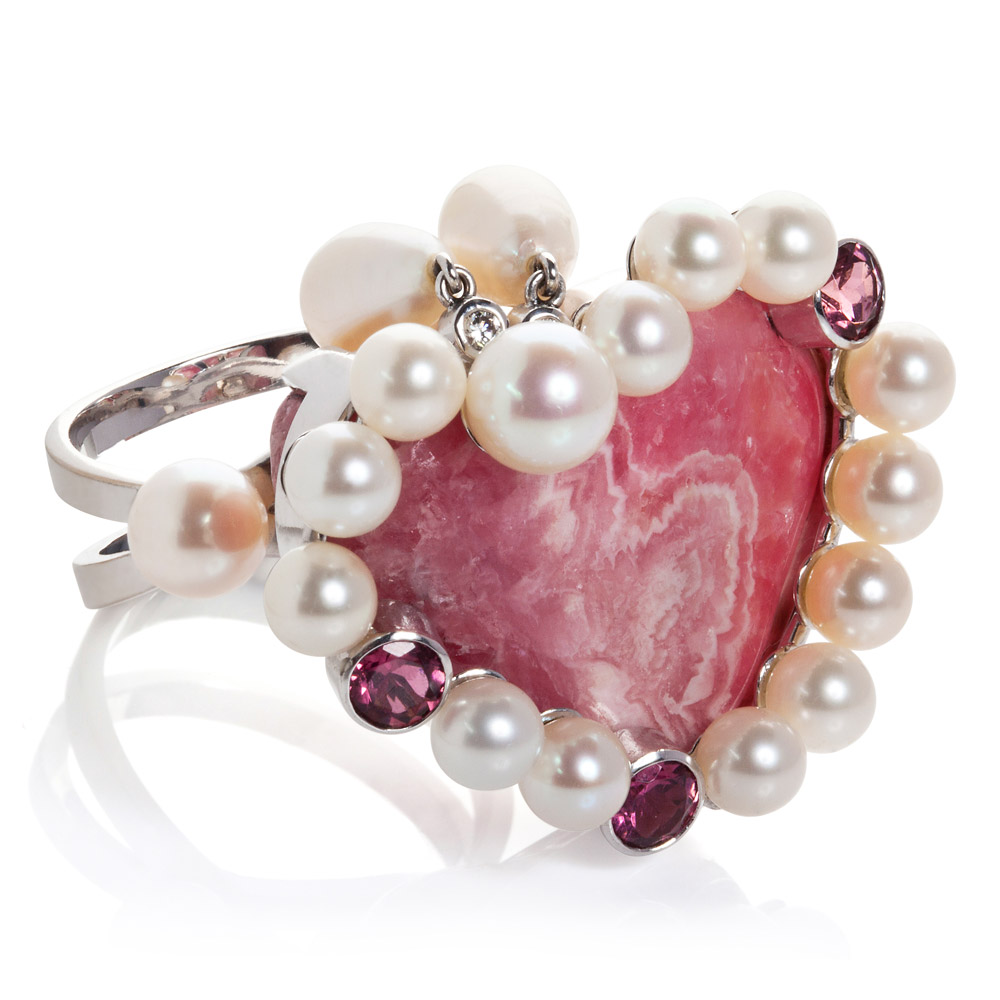 Ring – Rhodochrosite, Pink Tourmalines, Diamonds And Pearls 18k White Gold
