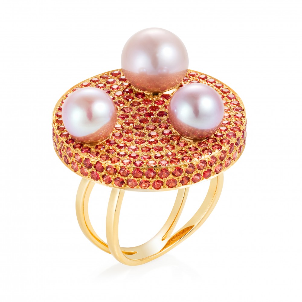Saengduan Disc Ring – Orange Sapphires And Fancy Pearls 18k Gold