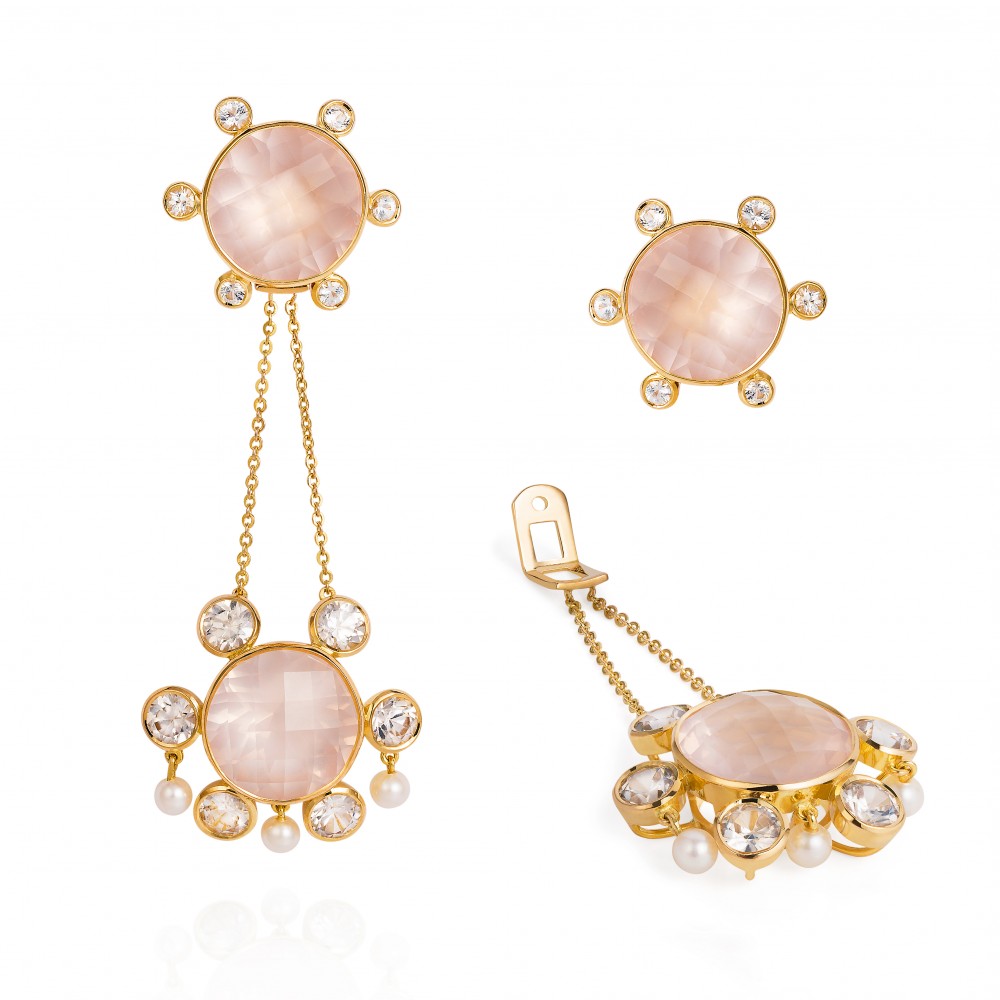 Lantern Earrings  – Rose-quartz, White Sapphires And Baby Pearls 18k Gold