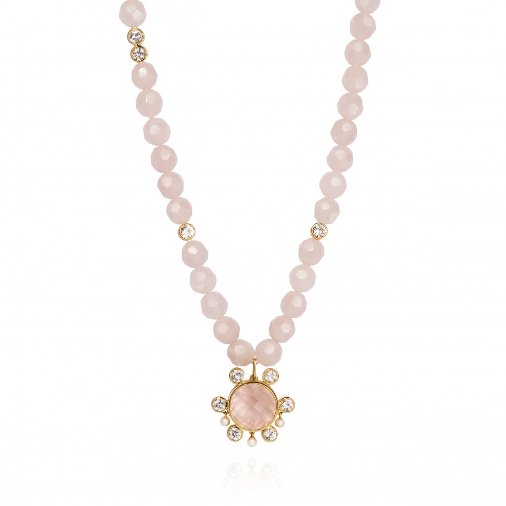 Lantern Necklace – White Sapphires, Rose Quartz And Baby Pearls 18k Gold