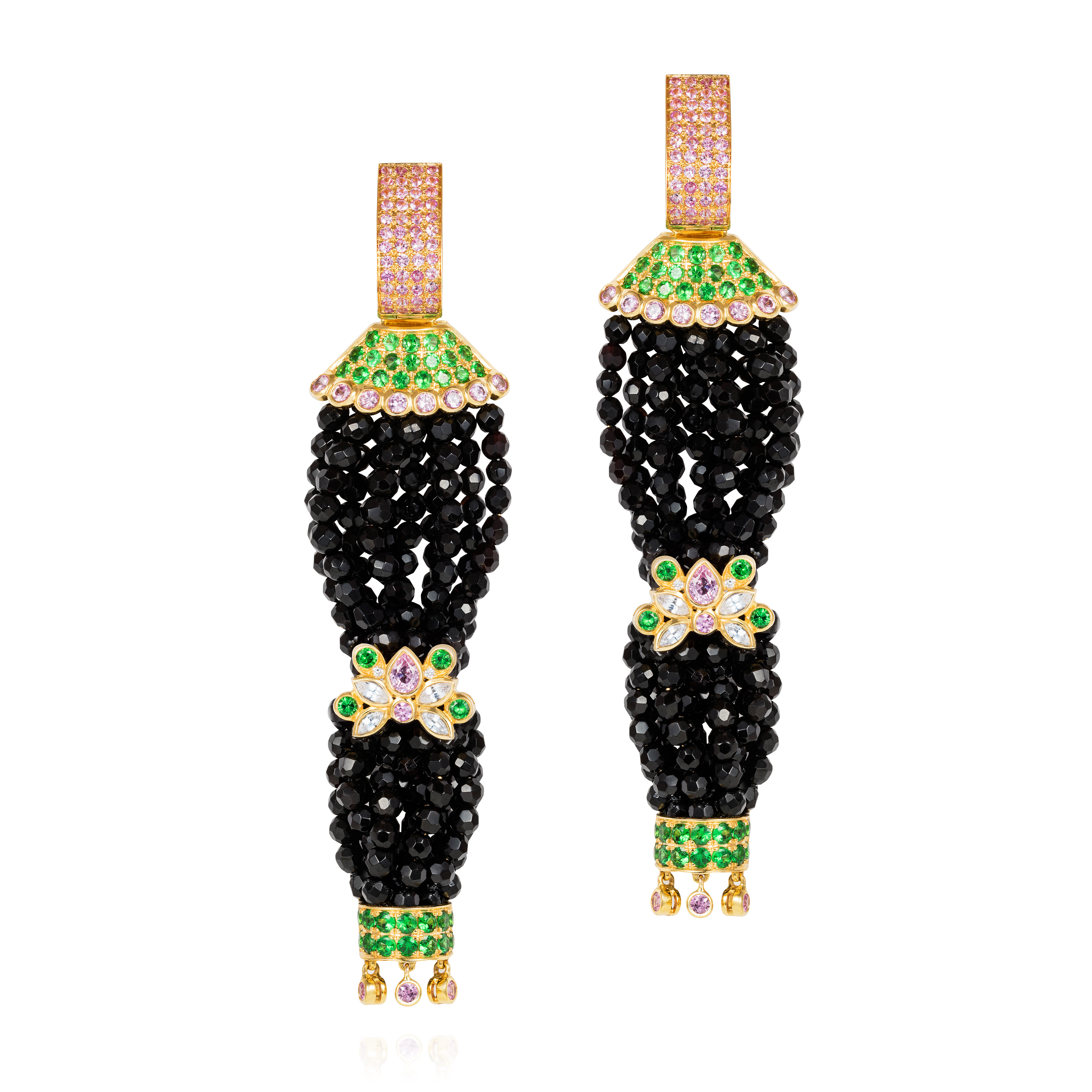 Pagoda Earrings – Pink Sapphires, Tsavorite Garnets, White Sapphires And Diamonds On Faceted Onyx Beads 18k Gold