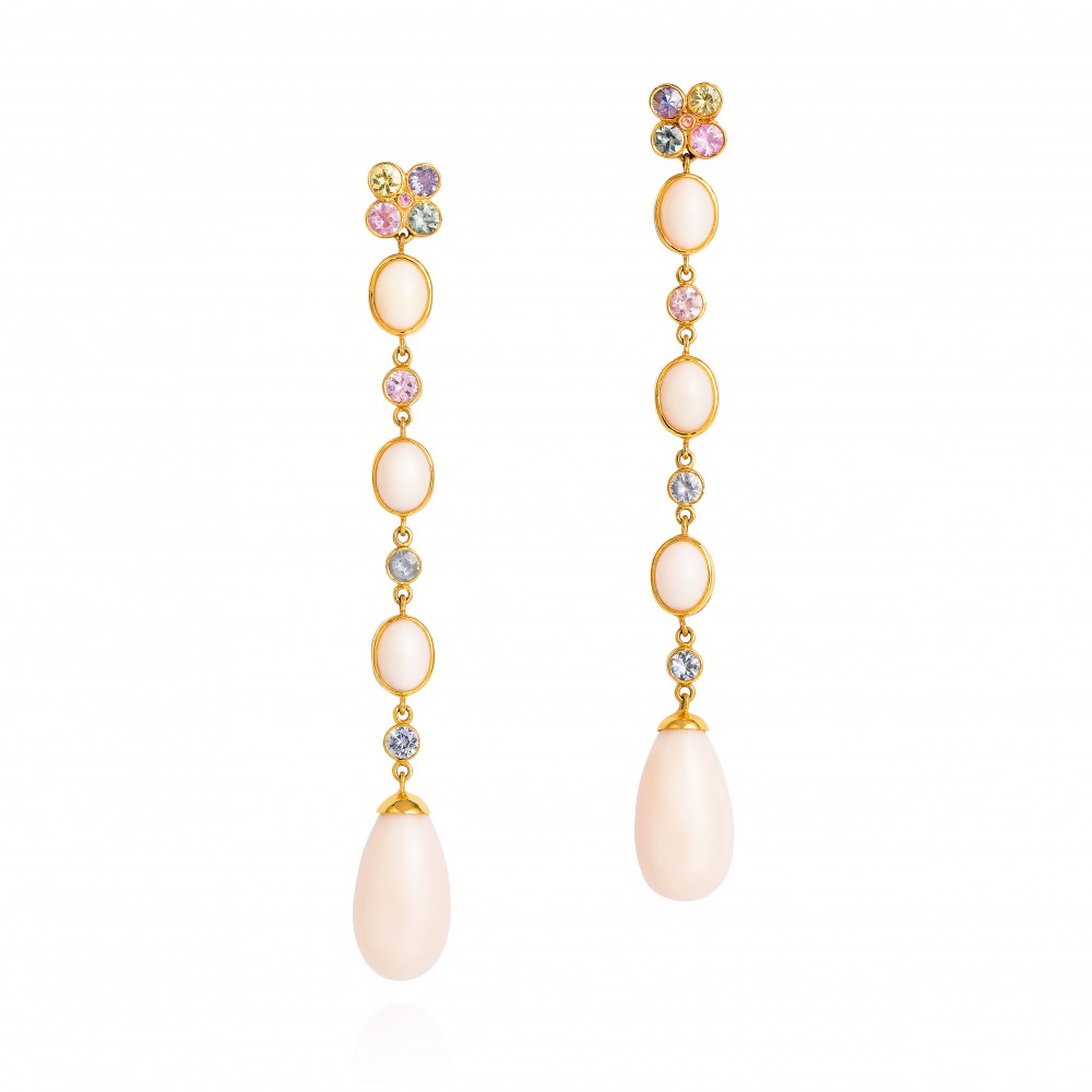 Wish Earrings – Fancy Sapphires And Pale Pink Coral From The Taiwan Sea In 18k Gold