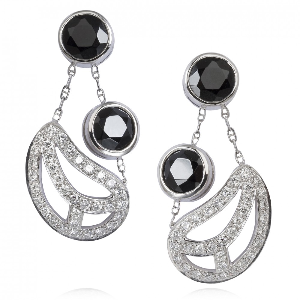Diamond Leaf Earrings – Black Spinel And Diamonds In 18k White Gold