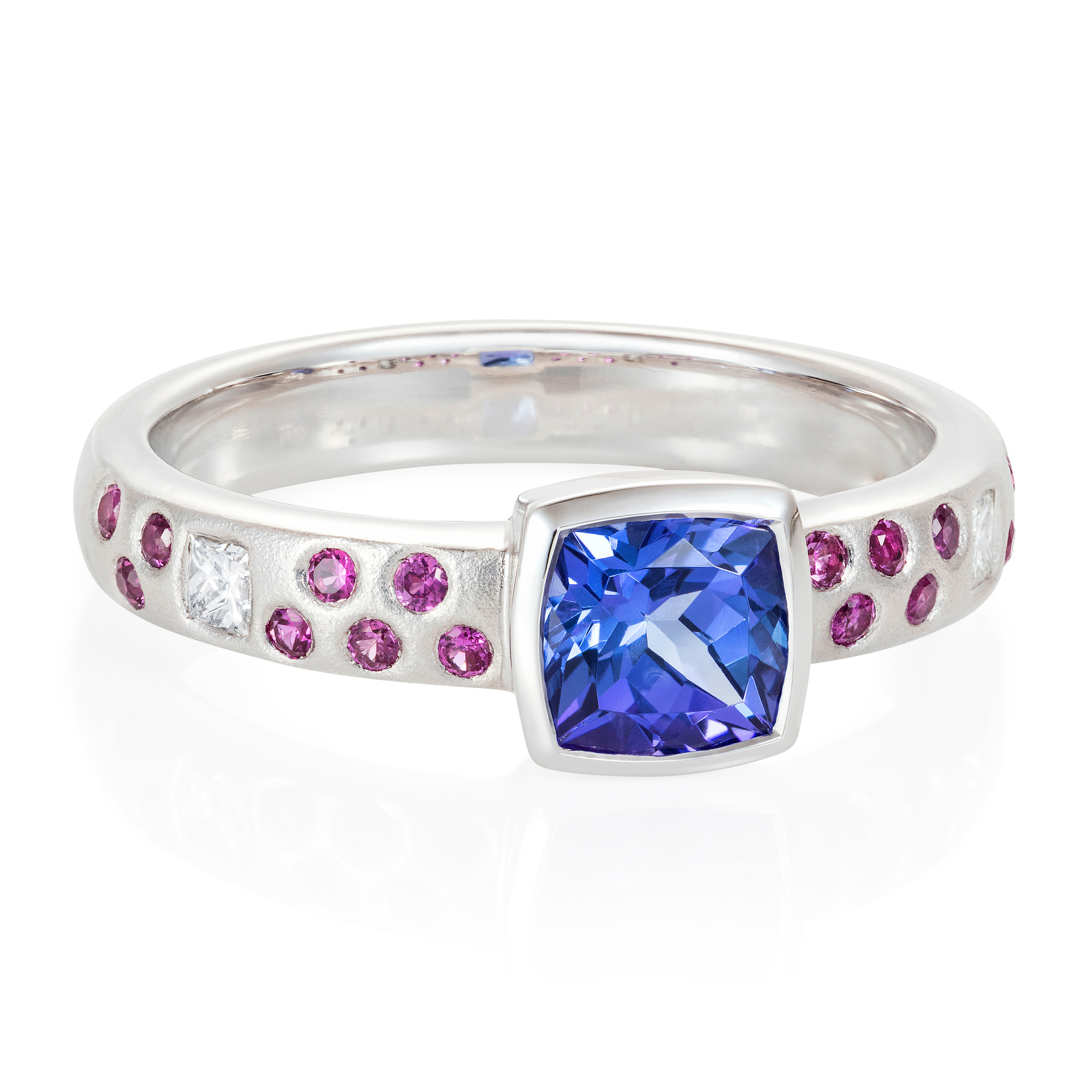 Tanzanite, Hot Pink Sapphire And Diamond Ring 18k White Gold