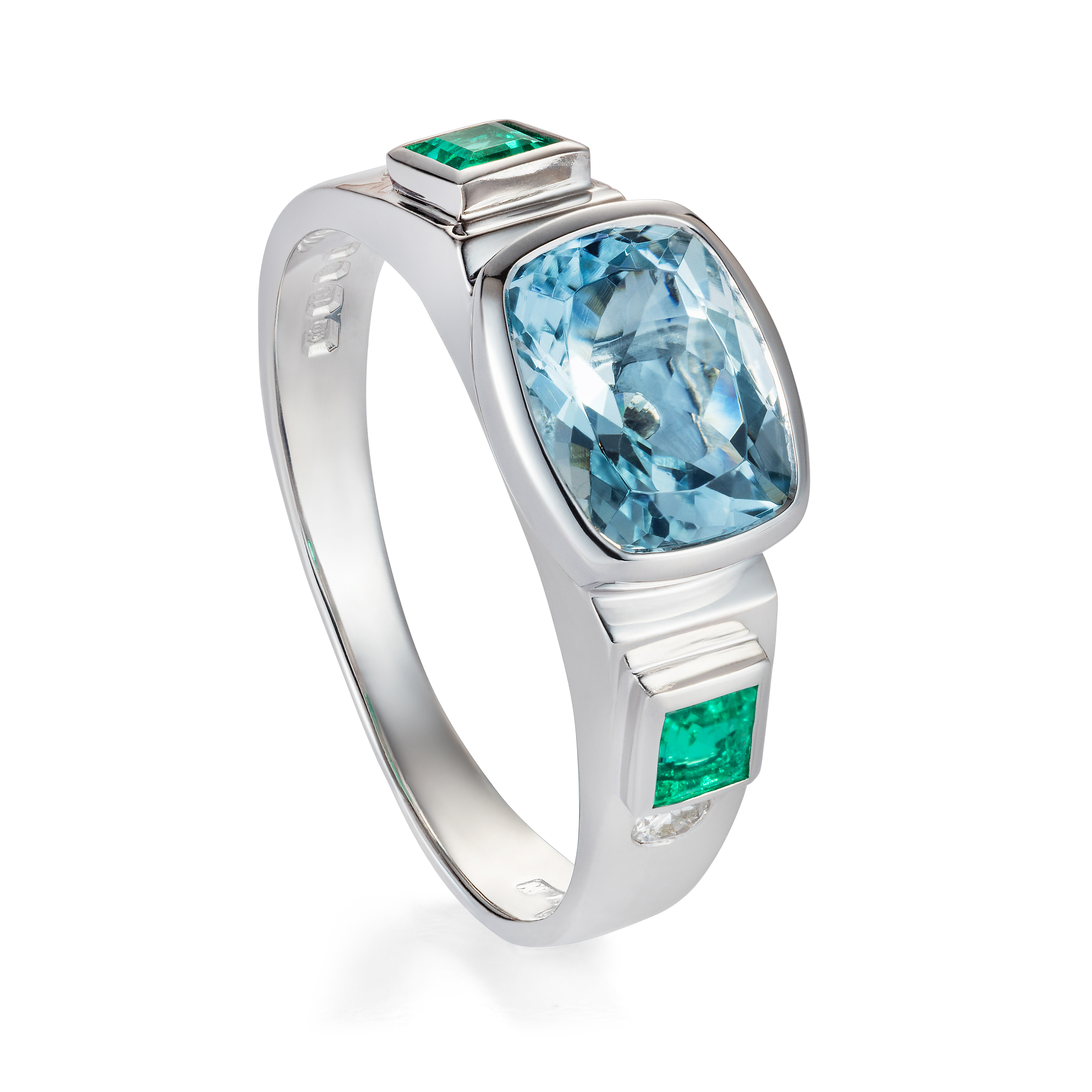 Aquamarine, Emerald And Diamond Ring 18k White Gold