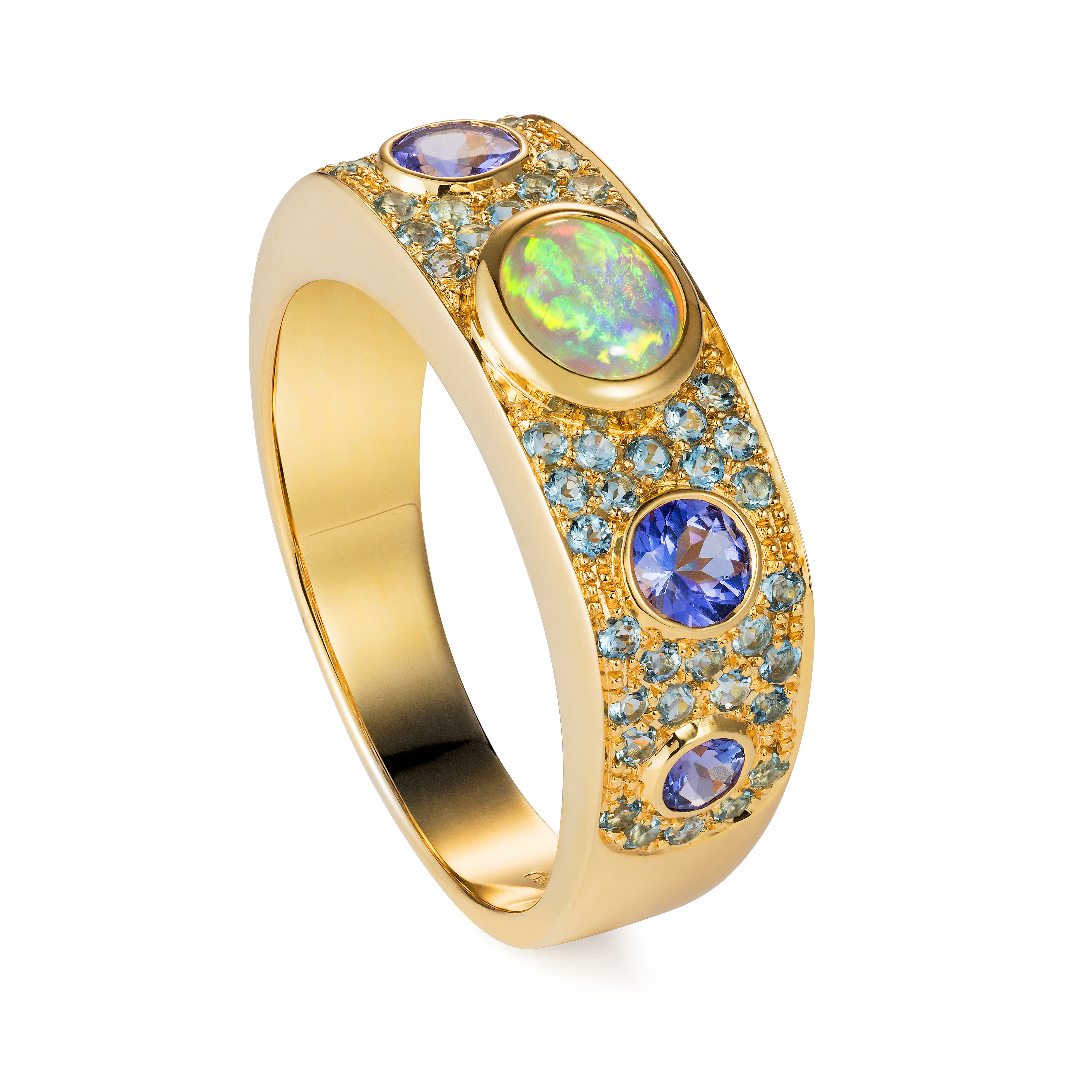A Ring In The Caribbean Spirit Set With An Antique Opal, Tanzanite And Aquamarines 18k Gold