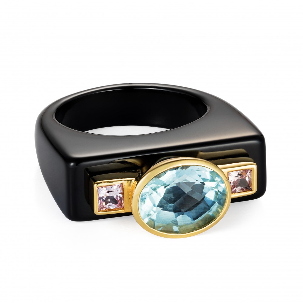Dolce Vita Onyx Ring – Aquamarine And Princess Cut Pink Sapphires 18k Gold