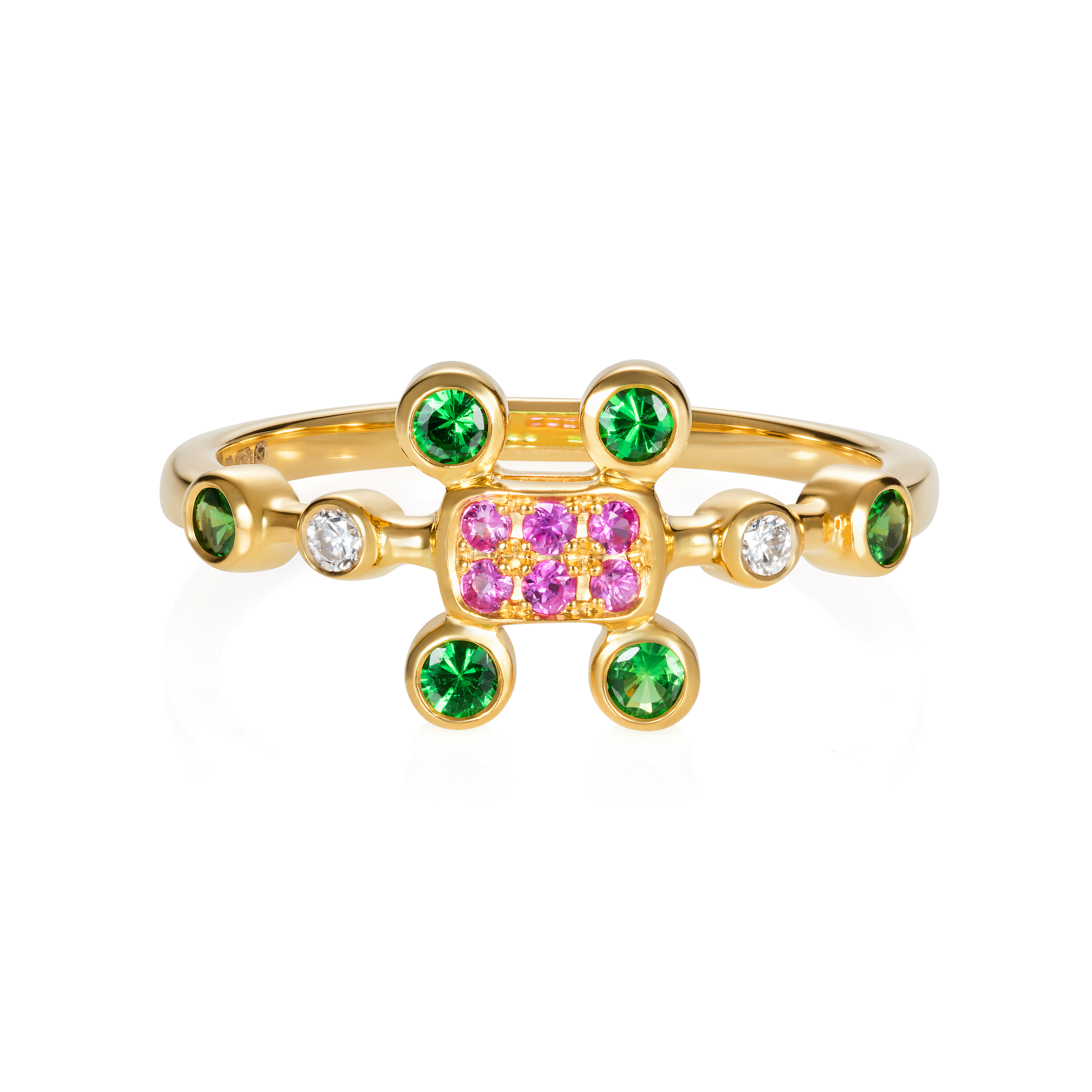 Princess Of The Woods Ring Set With Hot Pink Sapphires, Tsavorite Garnets And Diamonds In 18k Gold