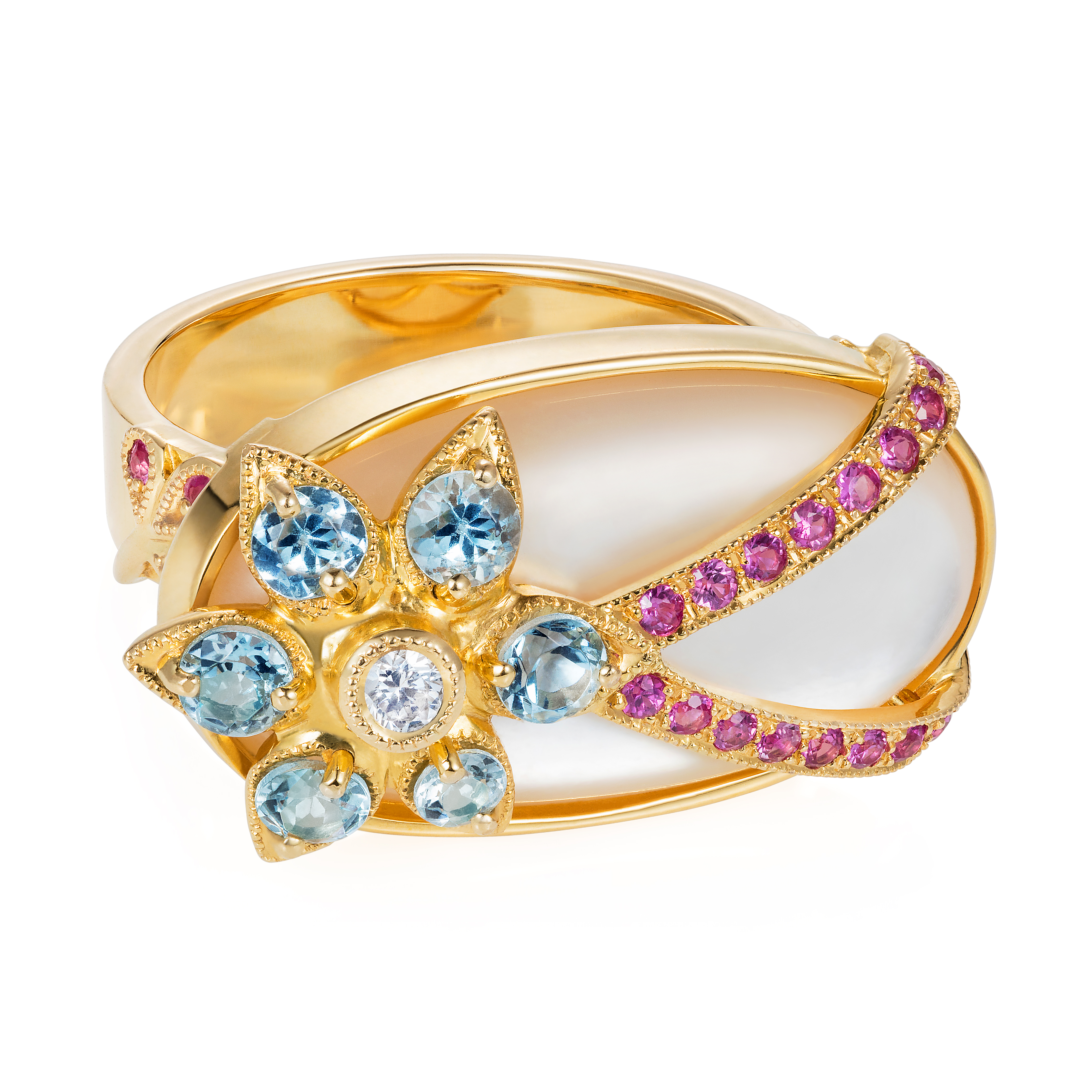 Shimmer Ring, Long Oval – Aquamarines, Hot Pink Sapphires And Diamonds Over A Mother-of-pearl Cabochon 18k Gold